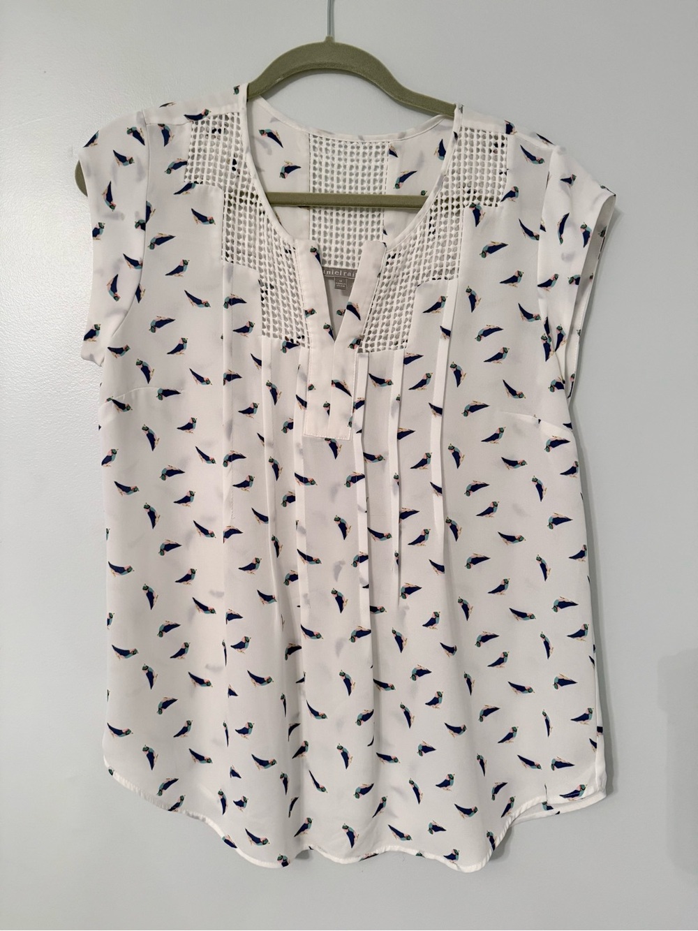 Daniel Rainn White Blouse with Navy Bird Print and lace Yoke